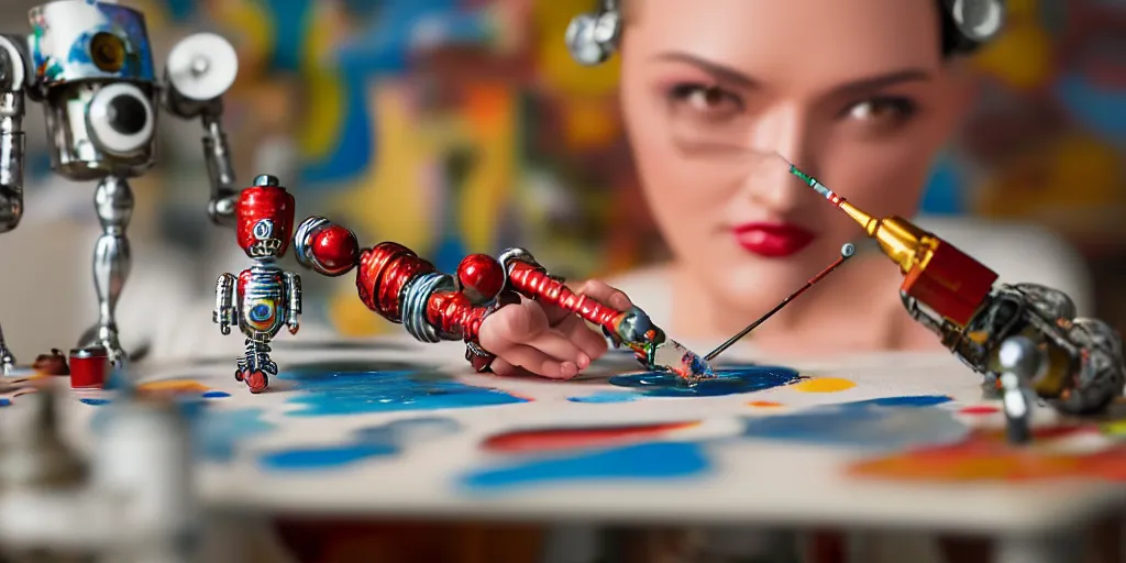 Image similar to closeup portrait of tin toy retro robot painter mixing gouache on white paper table in an artist workshop, depth of field, zeiss lens, detailed, centered, fashion photoshoot, by nicoletta ceccoli, mark ryden, lostfish, breathtaking, 8 k resolution, extremely detailed, beautiful, establishing shot, artistic, hyperrealistic, octane render