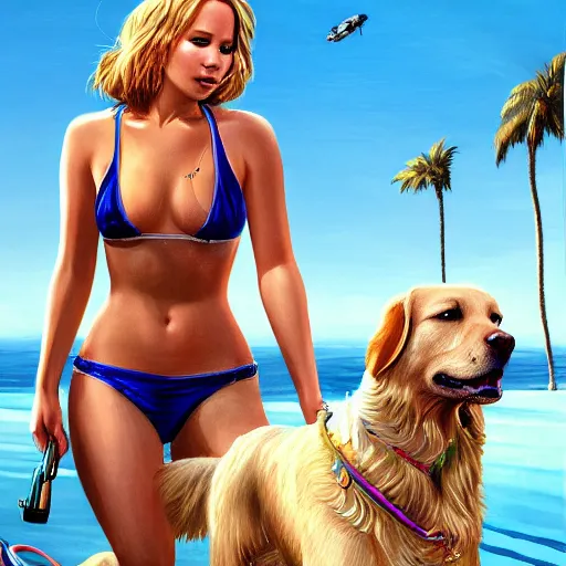 Image similar to highly detailed painting of jennifer lawrence wearing a bikini and her golden retriever dog, gta 5 cover art style, 8 k, radiant light, detailed and intricate environment, trending on artstation