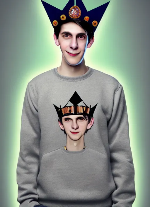 Image similar to portrait of teenage jughead jones wearing a light grey crown, photorealistic, crown, eyes closed, crown, black hair, sweater with letter s on it, letter s, intricate, elegant, glowing lights, highly detailed, digital painting, artstation, concept art, smooth, sharp focus, illustration, art by wlop, mars ravelo and greg rutkowski