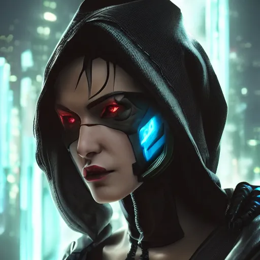 Prompt: Female cyberpunk rogue in a hood, realistic artstyle, wide shot, dramatic lighting, octane render, hyperrealistic, high quality, highly detailed, HD, beautiful, cinematic, 8k, unreal engine, facial accuracy, symmetrical