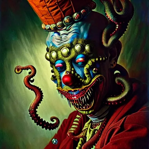 Image similar to uhd photorealisitc authentic lovecraftian psychotic madman wearing ornate clown costume and intricate voodoo makeup, intricate details, vivid colors, frightening surroundings, studio lighting, correct details, in the style of amano, karol bak, akira toriyama, and greg rutkowski