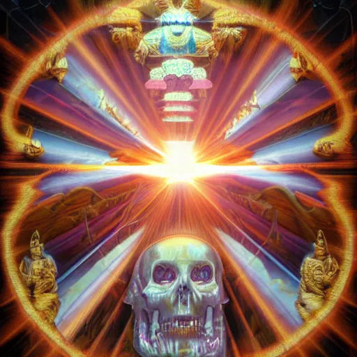 Image similar to Little Debbie death cult esoteric buddhism lesser key of solomon redshift render ray tracing sunbeams HDR Bloom award winning photography