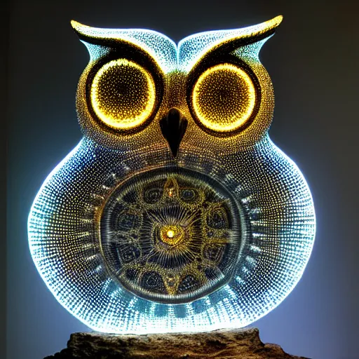 Prompt: symmetrical detailed sculpture of an owl, made of Glowing Rock