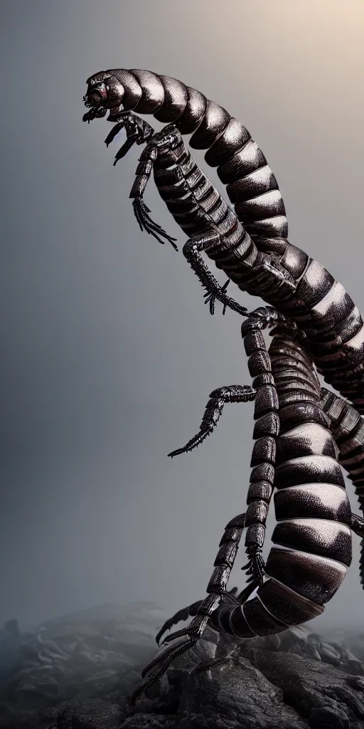 Image similar to professional photo shot of a cybernetic scolopendra made of silica crystal, rocks in the background, surrounded by of fog, grimy, gritty, trending on artstation, award winning, close shot, by aleks labuda and barry webb