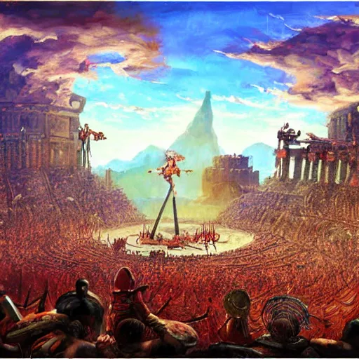 Prompt: arena gladiator battle to cheering crowd on ancient post - apocalyptic planet, jim henson creature shop, vivid and colorful, thomas kincaid, cinematic, oil painting, highly detailed, illustration