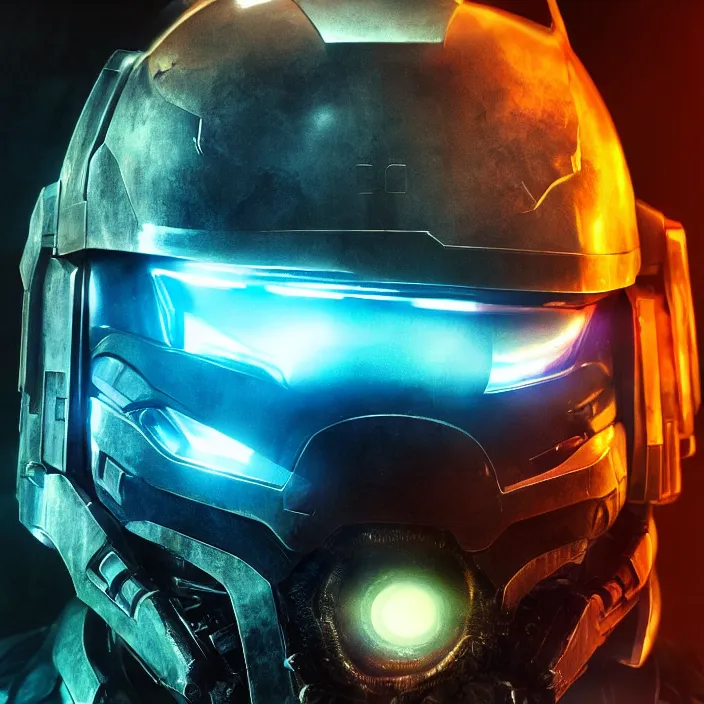 Image similar to portrait art of 8k ultra realistic retro futuristic halo master chief helmet, lens flare, atmosphere, glow, detailed,intricate,blade runner, cybernetic, full of colour, cinematic lighting, trending on artstation, 4k, hyperrealistic, focused, extreme details,unreal engine 5, cinematic, masterpiece, art by ayami kojima, giger