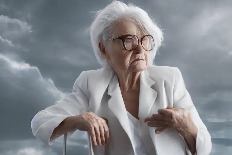 Image similar to a realistic cinematic headshot portrait of an old woman, wearing futuristic white suit in a skyscaper office, 4 k, ultra realistic, dramatic lighting, rain, clouds, fog, vogue, fashion, magazine spread, by annie leibovitz