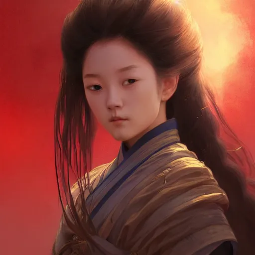 Image similar to portrait of a young girl samurai warriro, intricate, elegant, highly detailed, digital painting, artstation, concept art, smooth, sharp focus, illustration, art by artgerm and greg rutkowski and alphonse mucha and william - adolphe bouguereau