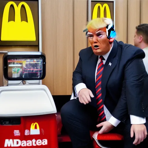 Prompt: a hugely fat version of Donald Trump, carrying a tray of big Macs, trying to squeeze in to a booth at McDonalds. Flash photograph at McDonalds