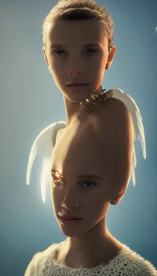 Image similar to portrait art of millie bobby brown or alicia vikander as a blonde angel, art by alessio albi 8 k ultra realistic, angel wings, lens flare, atmosphere, glow, detailed, intricate, full of colour, led lighting, trending on artstation, 4 k, hyperrealistic, focused, extreme details, unreal engine 5, masterpiece