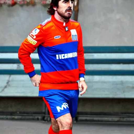 Prompt: fernando alonso wearing atletico de madrid soccer shirt