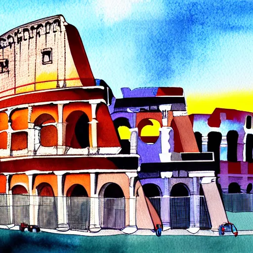 Prompt: skyline of rome with colosseum at sunset, watercolor art