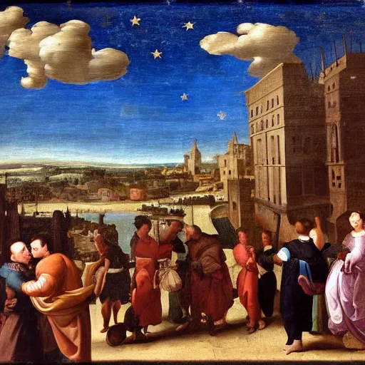 Image similar to a city market and the blue sky with clouds and stars and clouds for a man, and a woman wearing a pomade, in the style of a renaissance painting