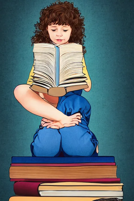 Prompt: a cute little girl with short curly brown hair and blue eyes sits cross legged on top of a tall pile of books. she is reading. clean pretty cartoon by disney, beautiful detailed face.