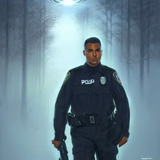 Prompt: kim kardashian as a cop, police uniform, face portrait, scared emotion, haunted forest with ufo sitting in the distant fog, pretty, aesthetic, dust molecules, matte detailed photo, DeviantArt, Artstation, by donato giancola, ralph horley, loish, ufo lighting