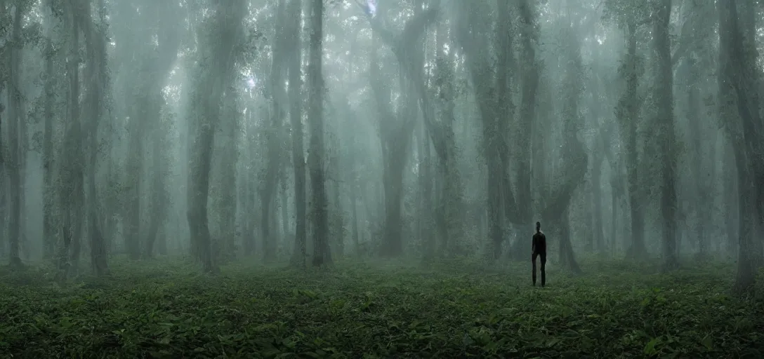 Image similar to a complex organic fractal 3 d ceramic humanoid megastructure in a lush forest, foggy, cinematic shot, photo still from movie by denis villeneuve