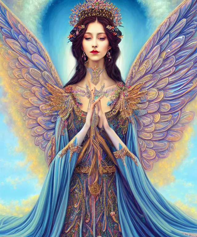Prompt: a ultradetailed painting of a beautiful! empress of beauty and nature, symmetrical features, ornate dress, encompassing angelic wings, magical realism, volumetric lighting, 4 k
