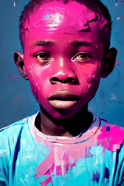 Image similar to portrait of a african young boy nor living in a death postapoliptic world, painted in acrylic, pigment, in the colors hot pink and cyan, beautiful realistic face, rule of thirds, soldier outfit, spotlight, by greg rutkowski, by jeremy mann, by francoise nielly, by van gogh, by ross tran, digital painting