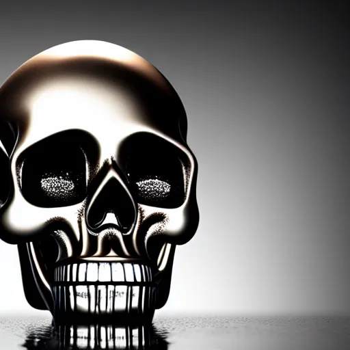 Prompt: chrome skull with molten chocolate being poured over it, hyperrealistic, beautiful reflections, extreme detail, photo, cinema 4 d, octane, artstation, cgsociety,