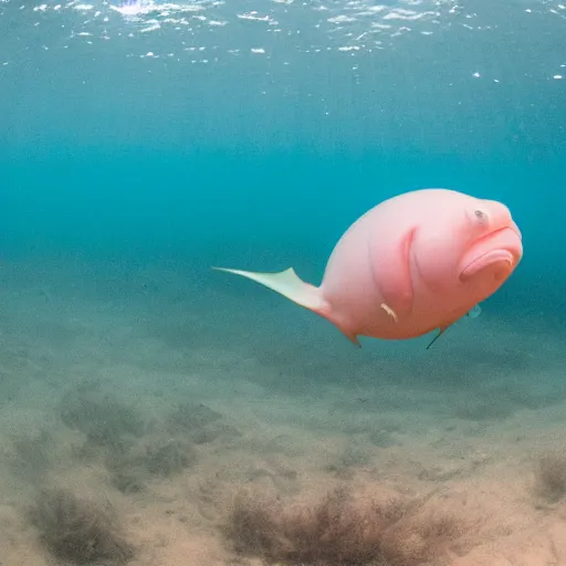 Prompt: a photo of a blobfish jumping from the water like a marlin