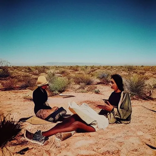 Prompt: “an australopiteco chatting WhatsApp in a desert”