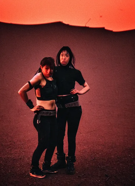 Image similar to cinestill 5 0 d photographic portrait of two loving female androids wearing rugged black techwear on a desolate plain with a red sky, extreme closeup, lizard on ground, cyberpunk style, in front of a brutalist dark metal facility, dust storm, 3 5 mm, 8 k, hd, f / 3 2, high resolution, ultra realistic faces