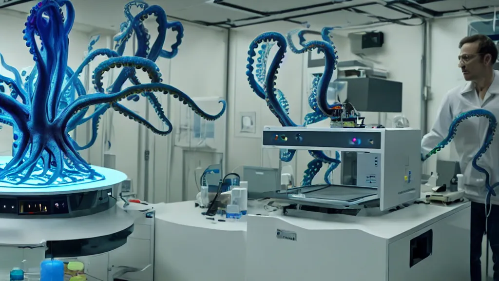 Prompt: a complex mri 3 d printer machine making colorful mutant octopus forms and control panels in the laboratory inspection room, film still from the movie directed by denis villeneuve with art direction by salvador dali, wide lens