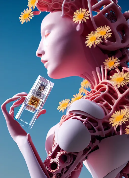 Image similar to biomechanical corals, daisies, well contoured smooth fair walls with marble woman carrying a bottle of perfume, up close shot, sharp focus, global illumination, radiant light, alexandre ferra white mecha, irakli nadar, octane highly render, 4 k, ultra hd,