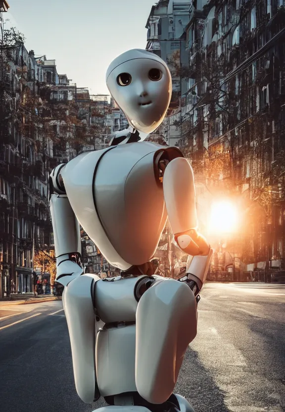 Image similar to a calming photograph of a slender, humanoid robot caresses a beautiful woman in the face, large shot, wide shot, in a street, sunset photo