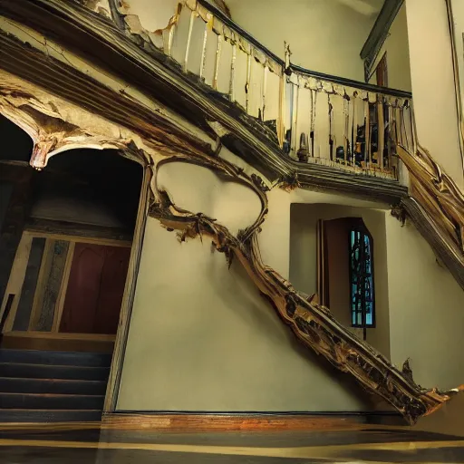 Image similar to A stunningly beautiful award-winning 8K dutch angle cinematic movie photograph looking up a staircase toward the room of the first female Catholic priest possessed by a demon. perfect composition, moody low key. Color palette from Seven, greens yellows and reds. 2 point perspective. Octane render