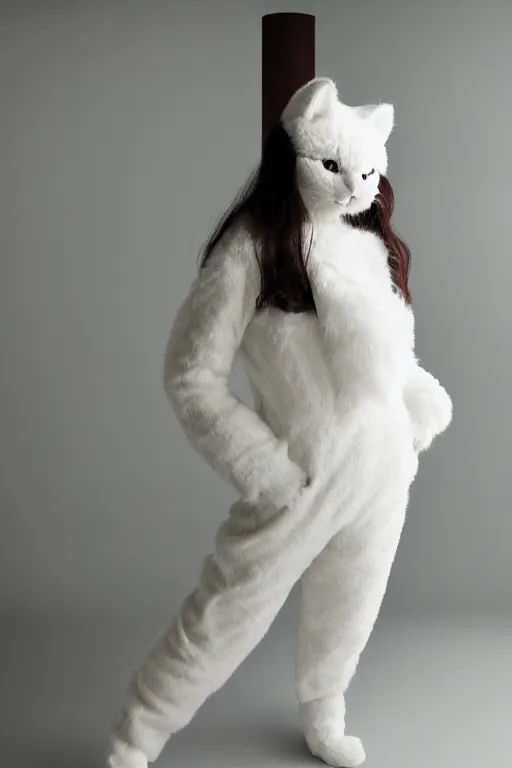 Prompt: full body aesthetic photograph of a beautiful young japanese woman in a furry white cat costume, cosplay, by Nick Knight, realistic, photorealistic, HD, 4k resolution