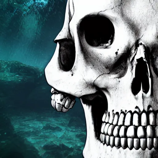 Image similar to skull of a pirate with tentacles protruding out at the bottom of the ocean photo realistic