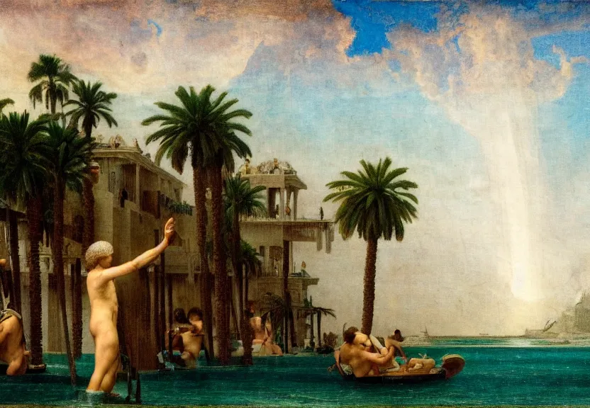 Image similar to Palace floating in the sky, caravels, thunderstorm, greek pool, beach and palm trees on the background major arcana sky, by paul delaroche, hyperrealistic 4k uhd, award-winning, very very very detailed