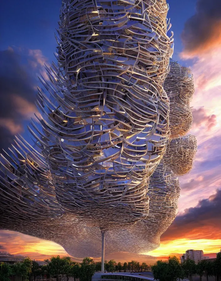 Image similar to vincent callebaut architectures, hyper realistic streetscapes stunning volumetric lighting sunset