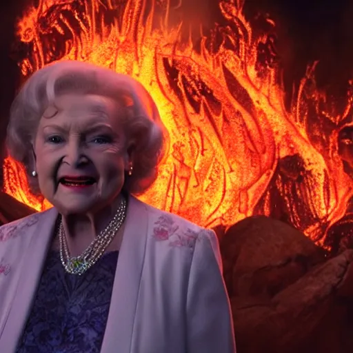 Image similar to stunning awe inspiring betty white the queen of hell surounded by fire, lava and demons, movie still 8 k hdr atmospheric lighting