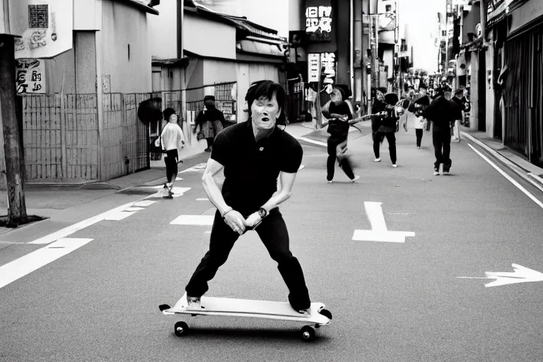 Image similar to conan is running towards freedom by skateboarding on the streets of beikacho, tokyo, japan, by aoyama gangchang.