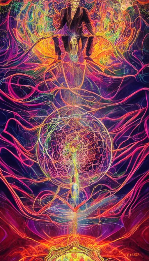 Image similar to nikola tesla, psytrance artwork, with octane, with lsd, with dmt, cosmic awakening, infinite universe