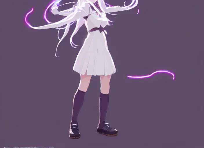 Image similar to visual novel sprites of female student witch by greg rutkowski, witch academia, magic school uniform, glowing white iridescent hair color, by studio ghibli, digital art, trending on artstation, hd, 8 k, highly detailed, good lighting, beautiful, masterpiece