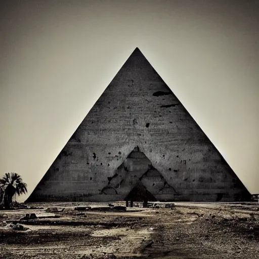 Image similar to gigantic concrete pyramid in the background, all seeing eye, haunting desolation, post apocalyptic, abandoned city