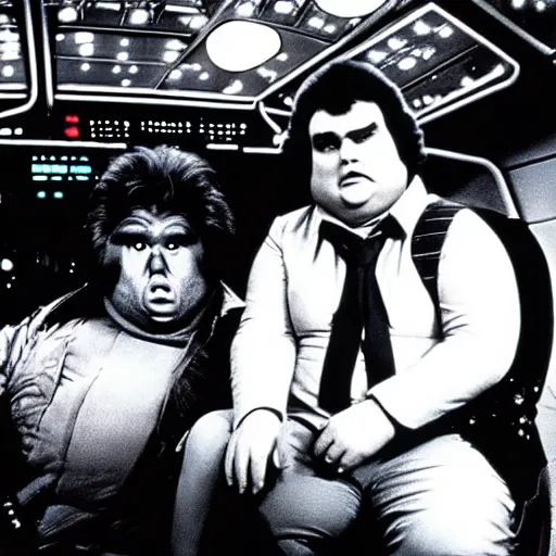 Image similar to John Candy dressed as Barf from Spaceballs sits next to Han Solo in the Millenium Falcon, movie still ftom Star Wars (1977)