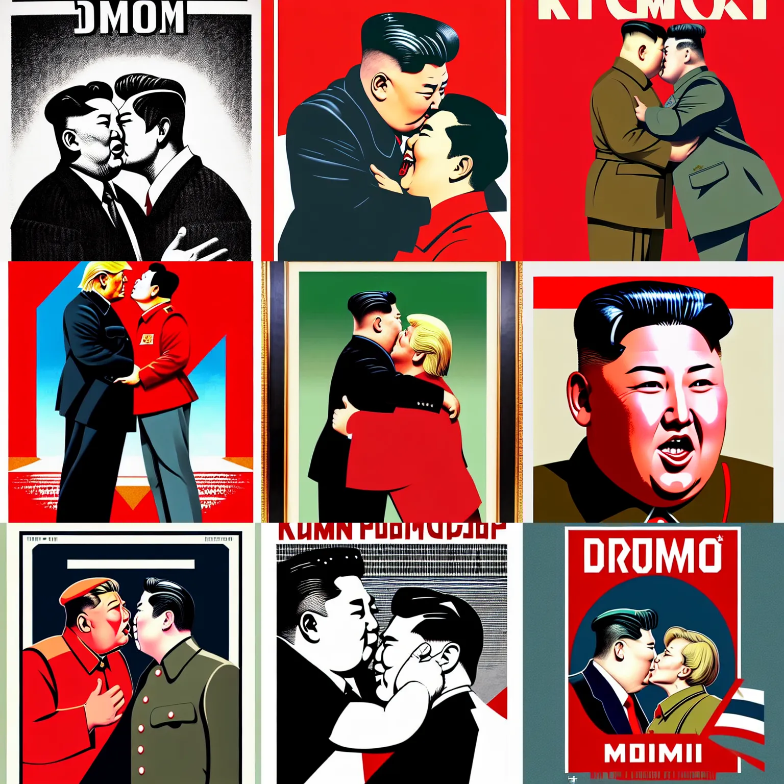 Prompt: a wwii soviet propaganda portrait of kim jong - un kissing donald trump by rei kamoi and dan mumford and robin eley, communist hammer and sickle