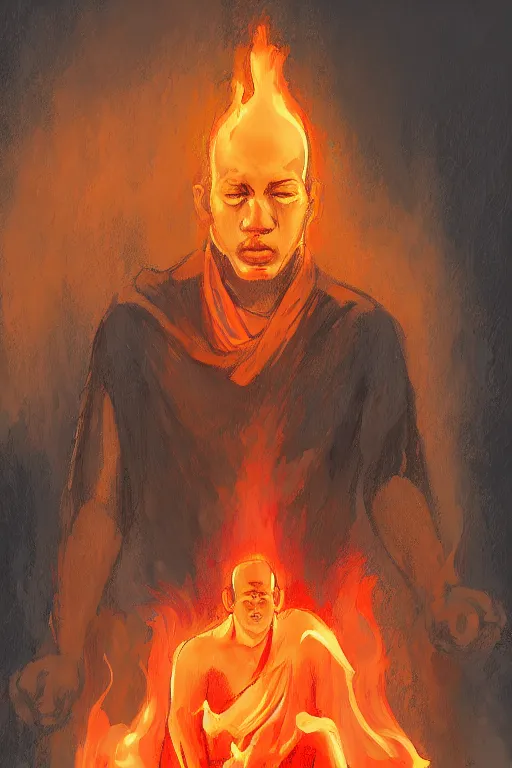 Image similar to A single monk meditating in flames by Afshar Petros, Trending on artstation.