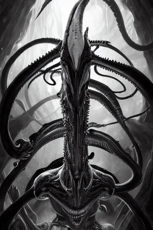 Image similar to black and white, underwater xenomorph alien mixed with sharks extra teeth, tentacles, highly detailed, digital painting, artstation, concept art, smooth, sharp focus, illustration, unreal engine 5, 8 k, art by carlos huante and greg rutkowski and alphonse mucha and ifbb pro fitness photograph