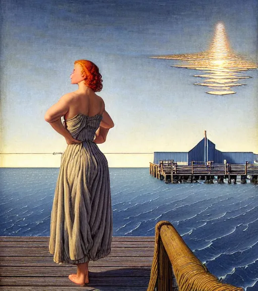 Image similar to a fancy beautiful young lady standing on a wharf at the edge of the sea by rob gonsalves and brom and gil elvgren and jean delville and william blake and norman rockwell and dan mumford, crisp details, hyperrealism, high detail, high contrast, low light, grey mist, cobblestones, dim lantern