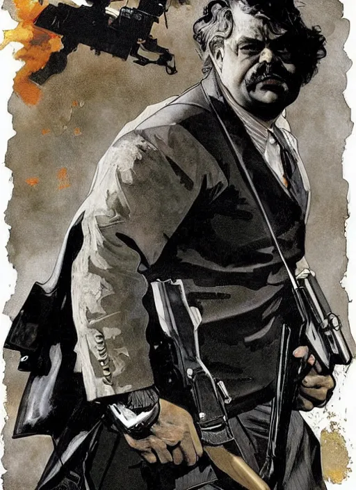 Image similar to gk chesterton as a hero with muscles and a shotgun. portrait by james gurney and craig mullins and alphonso mucha. realistic face. expressive face.