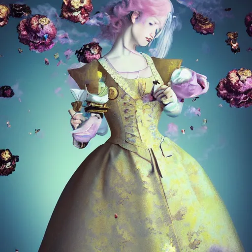 Image similar to 8 k, octane render, realism, tonalism, renaissance, rococo, baroque, portrait of a young - lady wearing long - harajuku manga - dress with flowers!!! and skulls, background - chaotic gold leaf flowers, cotton candy!!!!