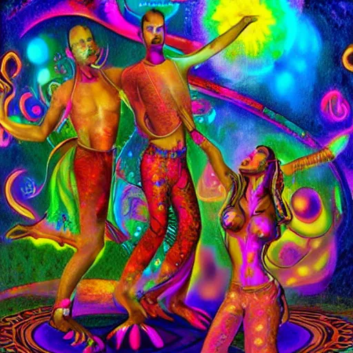 Image similar to tantric trio dancing in a trip, two men and a girl, psychodelic art, trending on artstation, artstationHD