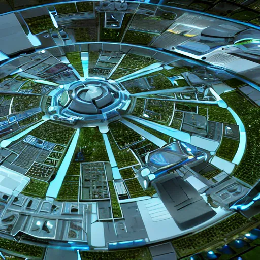 Image similar to a futuristic city located on a space station, the city is white with green lawns and parks. the houses are built in different planes on the huge rings of the station. the city consists of different houses park areas and lakes. in the style of york town from the movie star trek beyond. a cinematographic 7 5 mm shot octane render, 8 k, high resolution