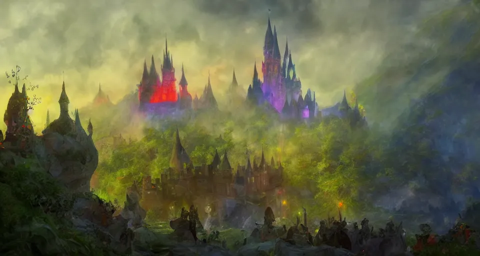 Prompt: happy disney castle rising up from the mist in the morning silhouetted by a single huge blood, anders zorn, thomas kincade, trending on artstation, lava, dungeons and dragons, saturated colors, fun, happy, colorful