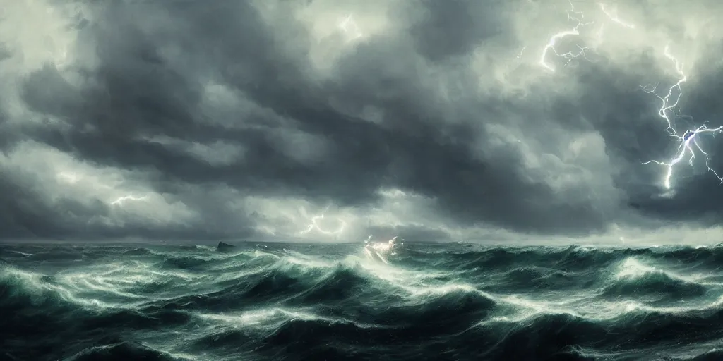 Image similar to A fishing boat struggles in a stormy sea, an intense storm blacks out the sky, fork lightning, dark and epic, film still, ultra wide angle, Greg Rutkowski and Studio Ghibli